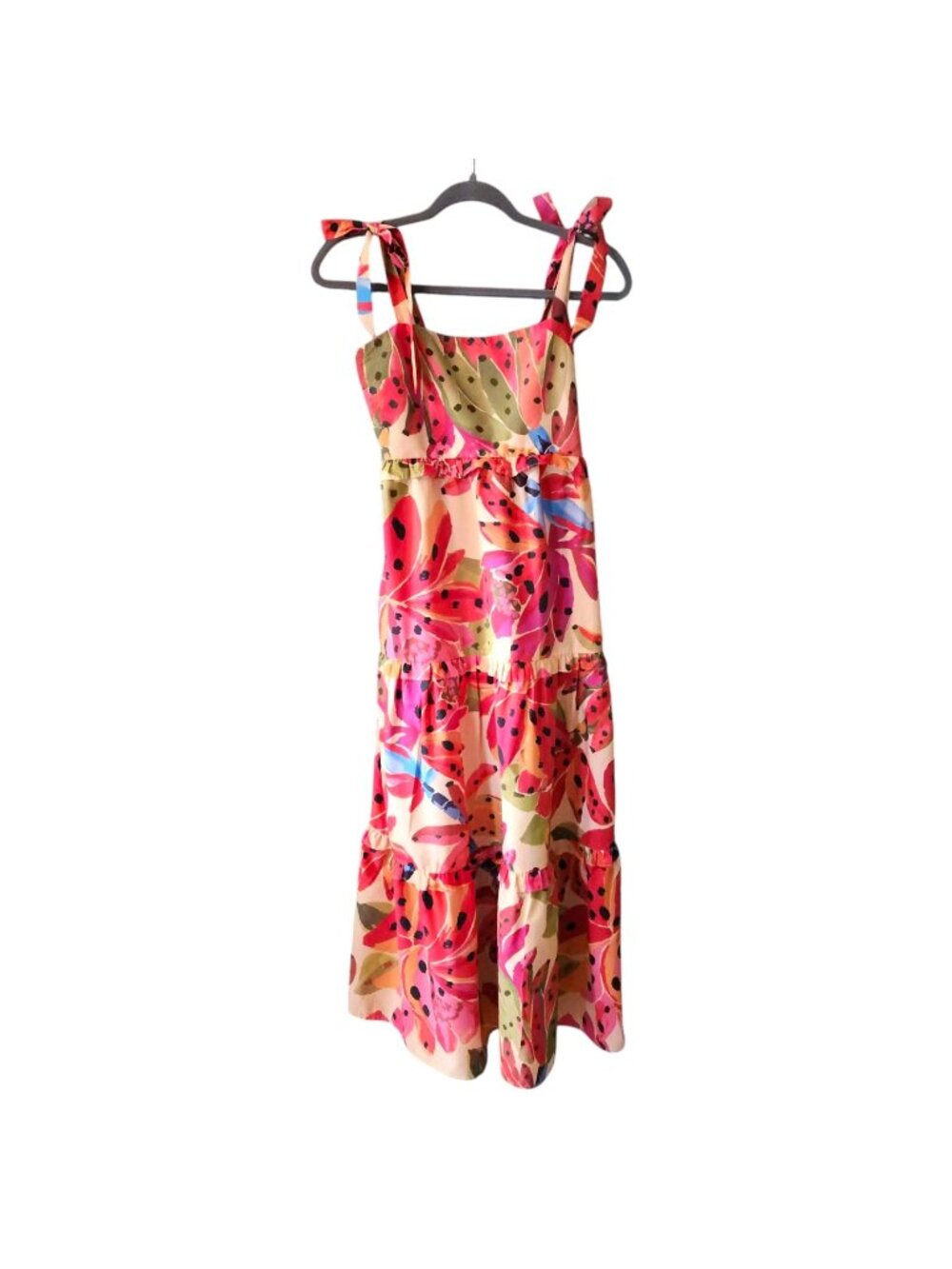 FARM Rio Anthropologie Tropical Floral Tiered Maxi Dress Sz S Smocked Tie Straps